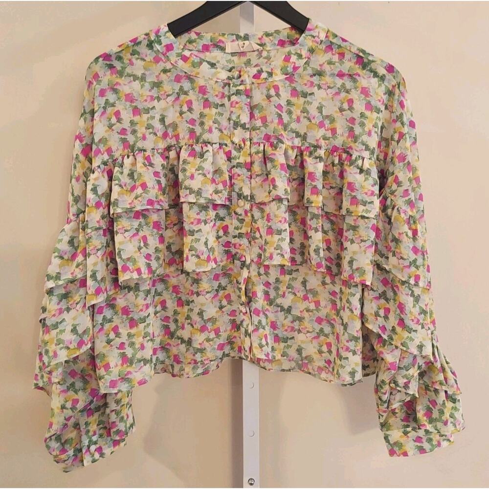 ee:some Top Abstract Print Ruffle‎ Tiered Maximalist Femenine Boxy Button Up